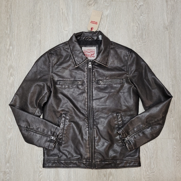 Levi's Faux Leather Laydown Collar Racer Jacket Size Small dark brown new
